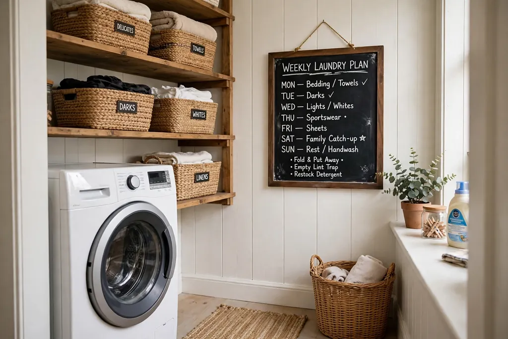 Small chalkboard on a laundry room wall showing a weekly laundry plan, beside shelves with baskets and a washer.