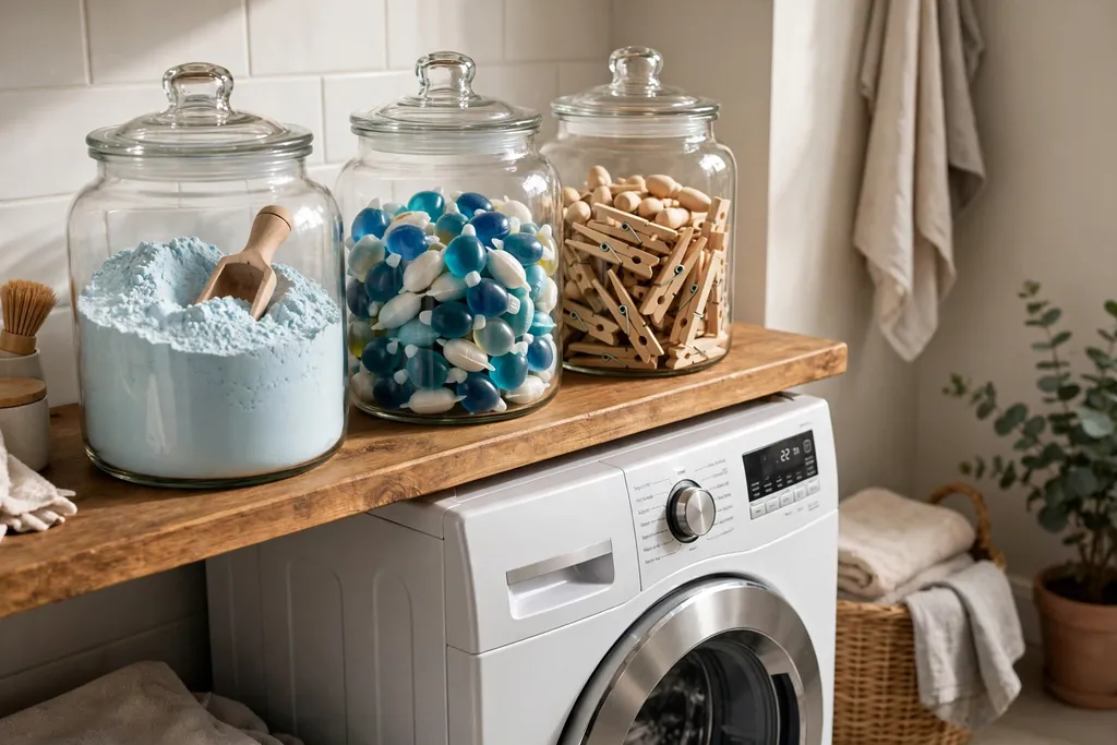 Clear glass jars filled with laundry detergent powder, pods, and pegs on a laundry room shelf beside a washer.