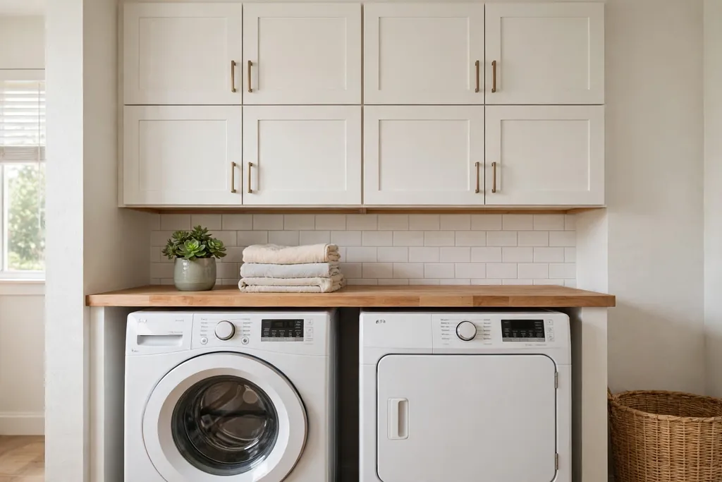 White closed cabinets above a washer and dryer in a tidy laundry room, with folded towels on the counter below.