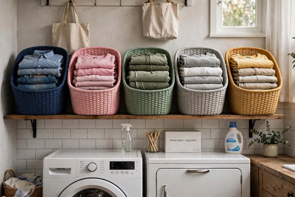 Row of laundry baskets in different colors on a shelf in a laundry room, each holding folded clothes.