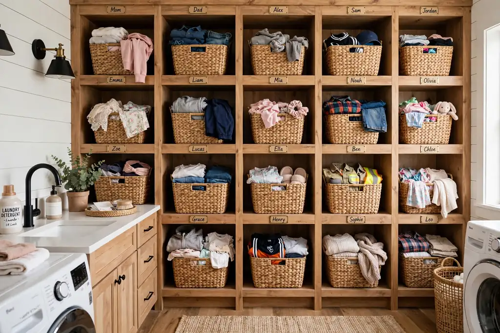 Wall of cubby shelves in a laundry room, each cubby holding a woven basket for one person's laundry.