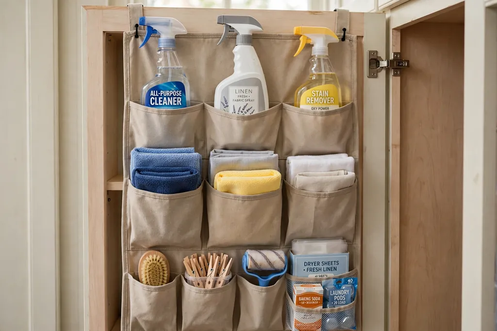 Inside of a laundry cabinet door with hanging pockets holding spray bottles, cloths, and small supplies.