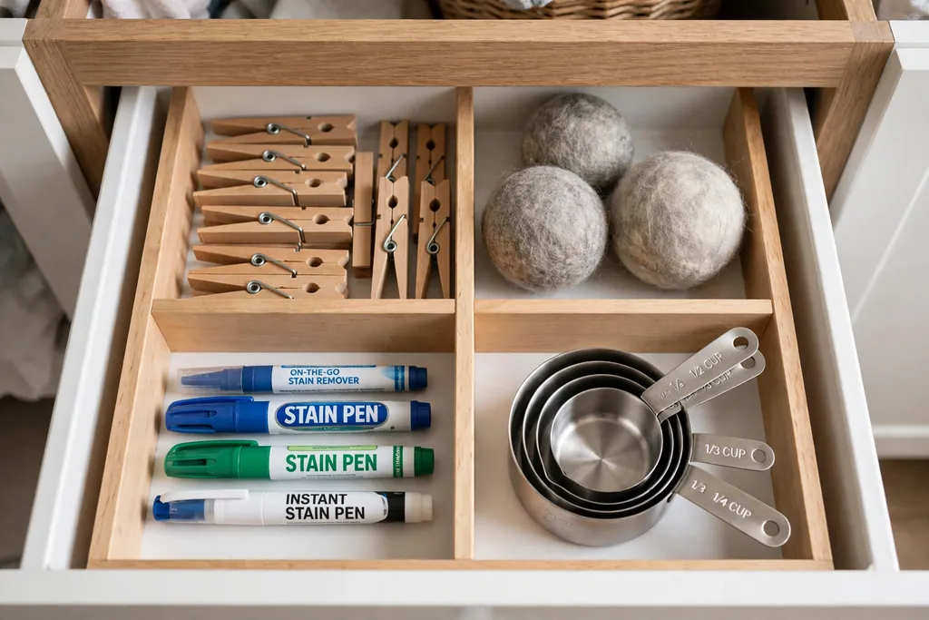 Open laundry room drawer with dividers organizing small supplies such as pegs, dryer balls, stain pens, and measuring cups.
