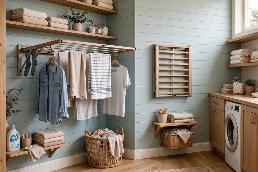 Fold-down wall-mounted drying rack in a laundry room with clothes hanging to dry.