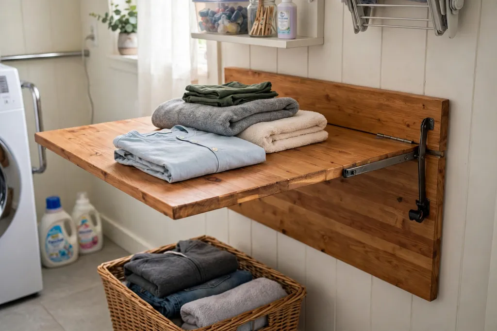 Fold-down wooden table fixed to a laundry room wall, open with folded clothes on it, above a laundry basket.
