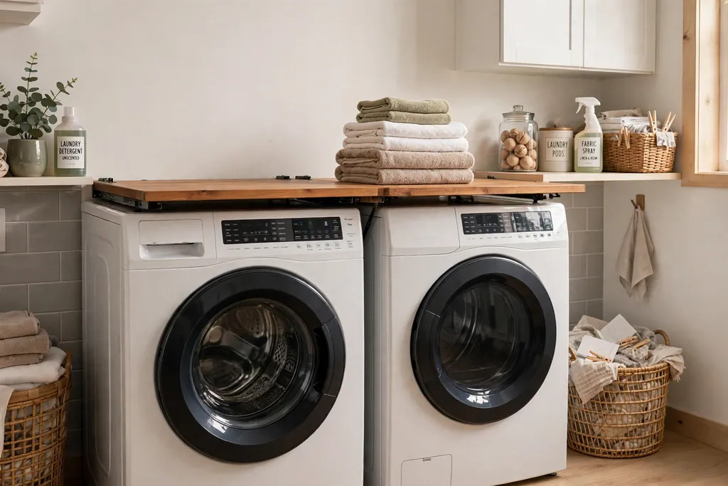 Wooden folding counter installed over front-load washer and dryer machines, with a stack of folded towels.