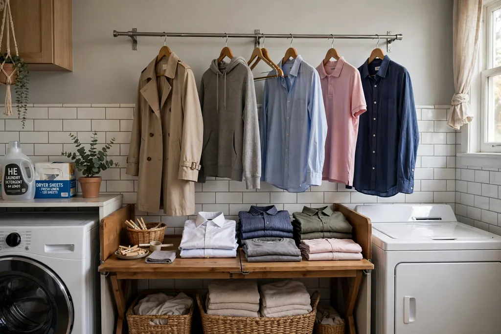 Clothes hanging on hangers from a wall-mounted rod in a laundry room, above a folding counter with folded shirts.