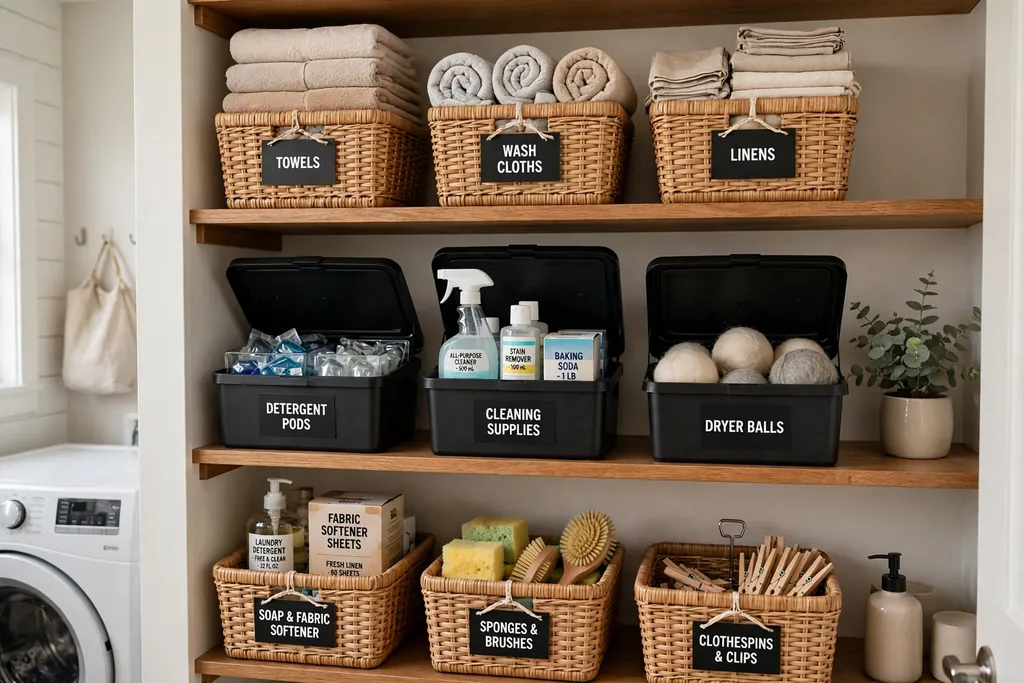 Open laundry room shelves with matching labeled bins and baskets holding towels and supplies.
