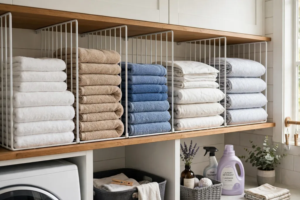Laundry room shelf with shelf dividers keeping stacks of folded towels and bed linens upright and separated.