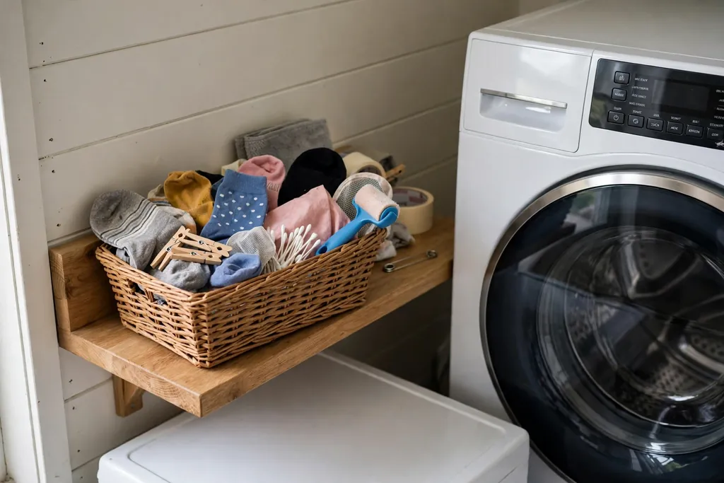 Small basket on a laundry room shelf holding single socks and small laundry items, beside a washer.