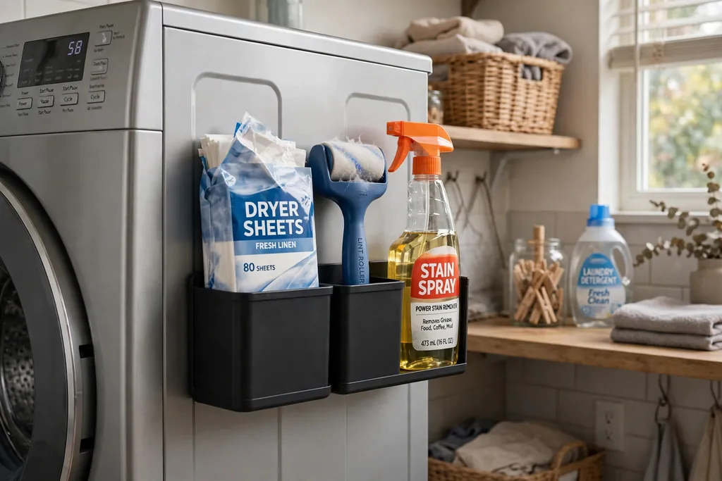 Magnetic caddy attached to the side of a washing machine holding dryer sheets, a lint roller, and stain spray.