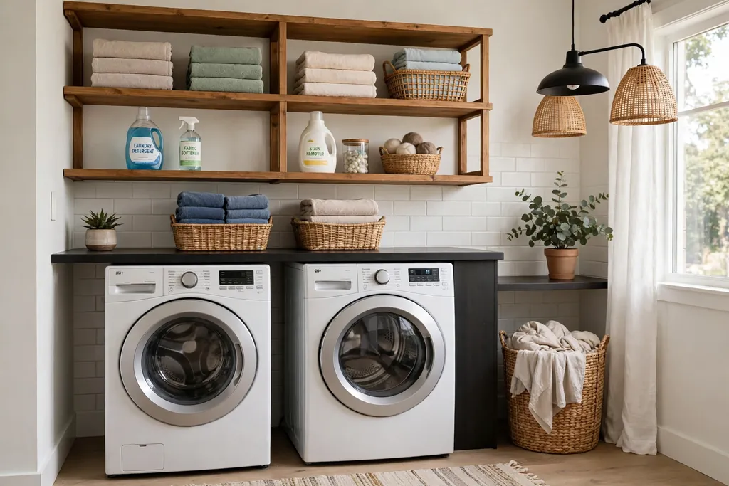 Open wooden shelves above a washer and dryer holding folded towels, detergent bottles, and baskets.