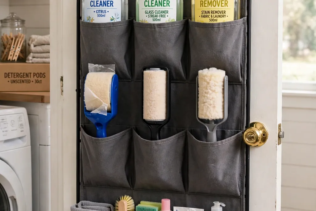 Over-door rack on a laundry room door holding spray bottles, lint rollers, and small cleaning supplies.