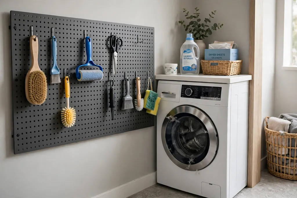 Pegboard wall in a laundry room with hooks holding brushes, a lint roller, scissors, and small cleaning tools.