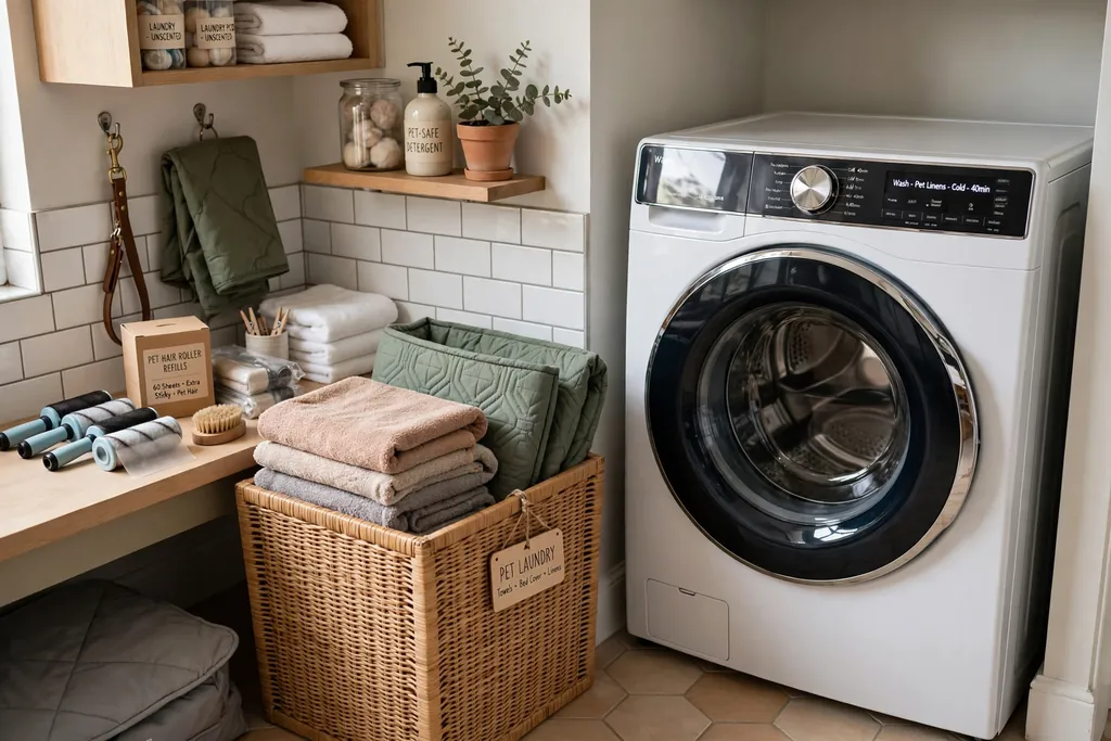 Laundry room corner with a dedicated bin holding pet towels, a pet bed cover, and pet hair roller supplies beside a washer.