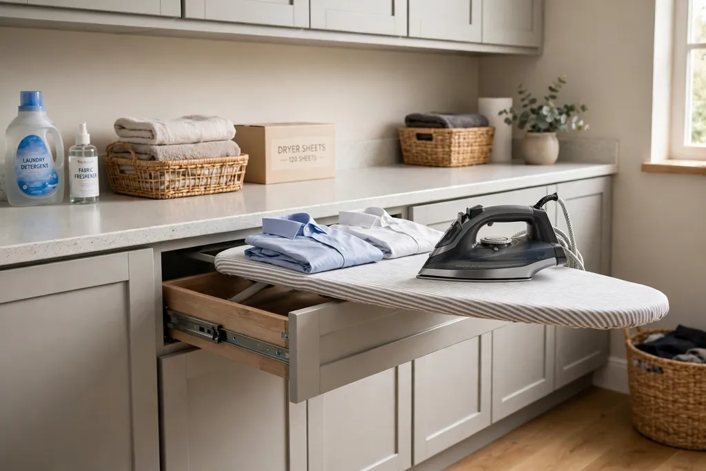Pull-out ironing board slid out from a drawer under a laundry room counter, with an iron resting on it.
