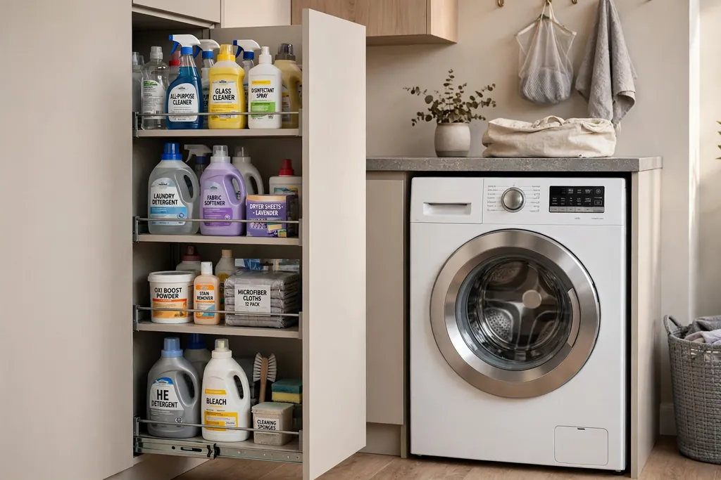 Slim tall pull-out pantry slid open beside a washing machine, with shelves of detergent bottles and cleaning supplies.