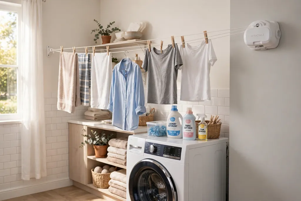 Retractable clothesline stretched across a bright laundry room with shirts and towels hanging to dry.