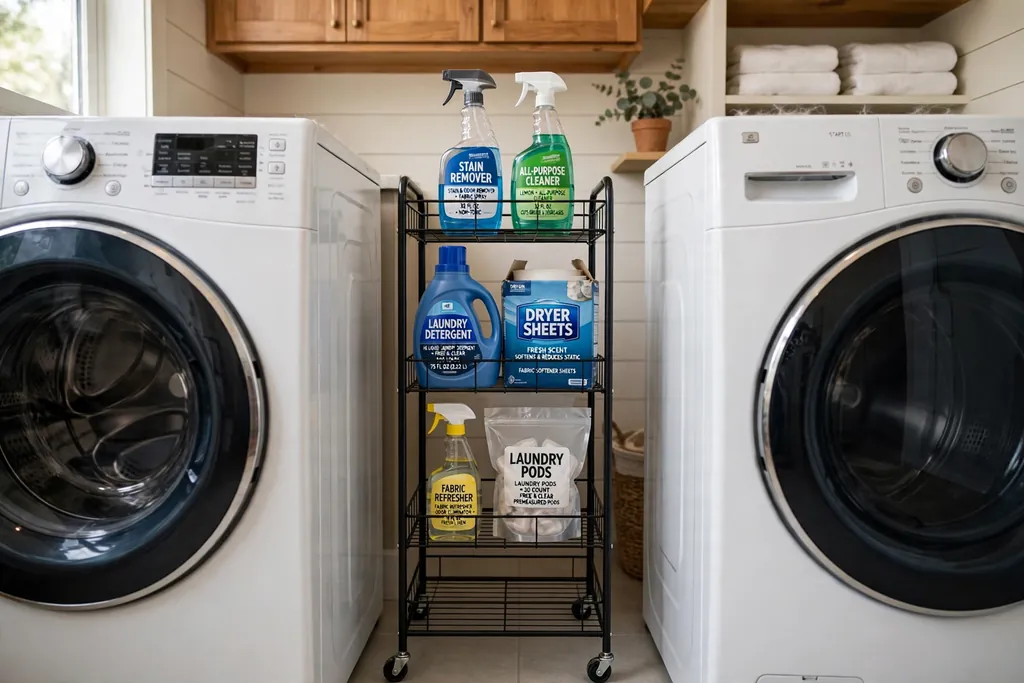 Slim rolling cart in the narrow gap beside a washer and dryer, holding detergent, dryer sheets, and spray bottles.