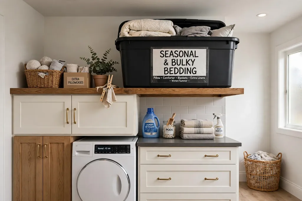 High shelf in a laundry room with a large labeled bin for seasonal and bulky bedding, above cabinets and a washer.