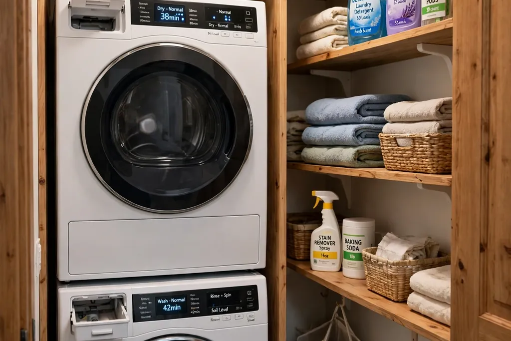 Stacked washer and dryer in a small closet with shelves above and beside holding baskets, detergent, and folded towels.