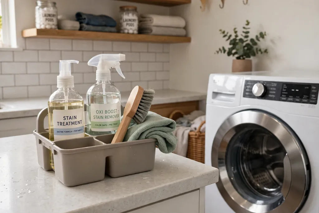 Small stain treatment caddy with spray bottles, a brush, and a cloth on a laundry room counter beside a washing machine.