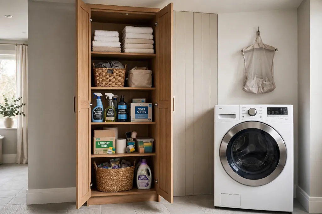 Tall floor-to-ceiling storage tower cabinet beside a washer, with shelves holding towels, baskets, and cleaning supplies.