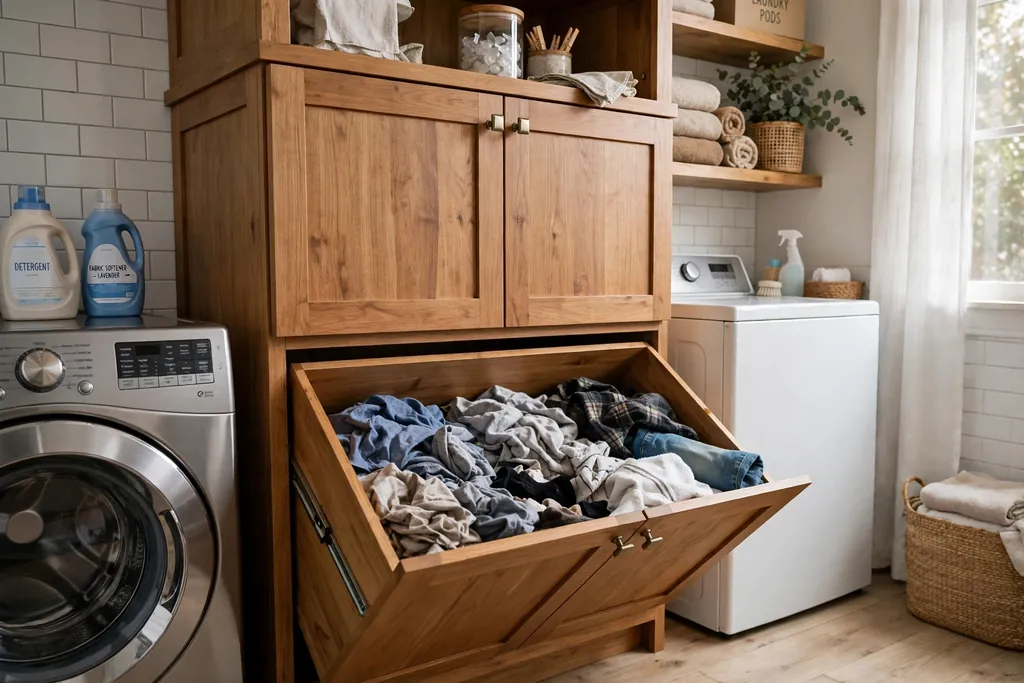Wooden cabinet with a tilt-out laundry hamper pulled open showing clothes inside.