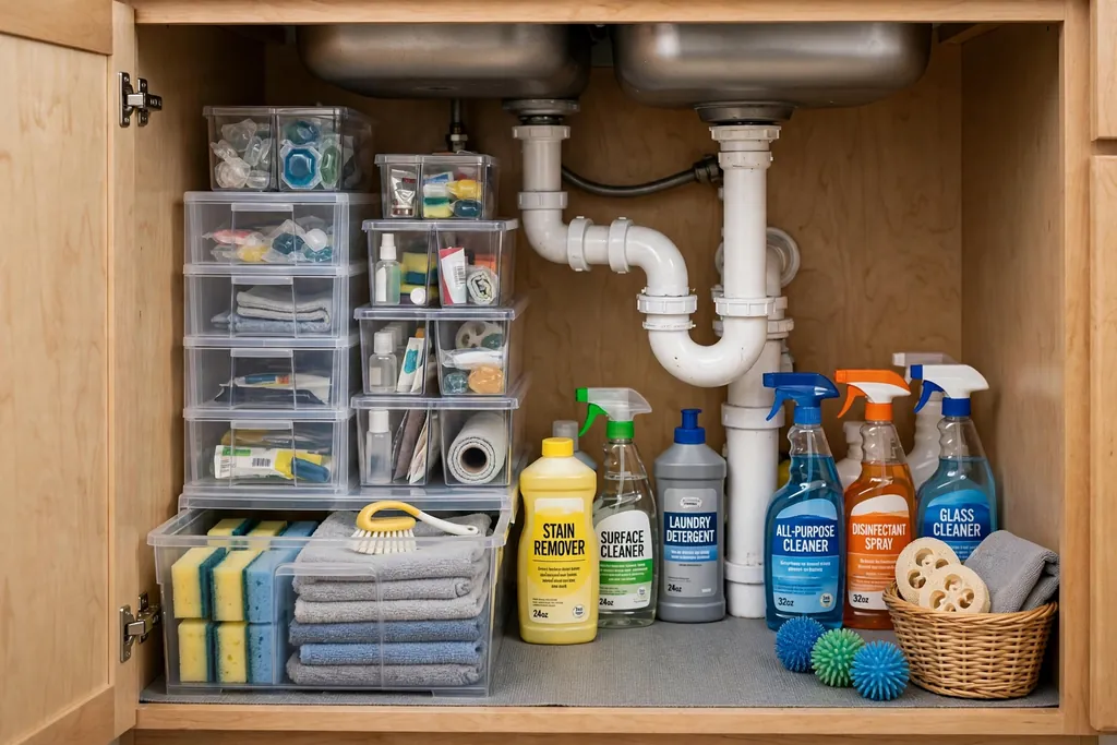 Under-sink cabinet in a laundry room with stacked organizers and cleaning bottles arranged neatly around the pipes.