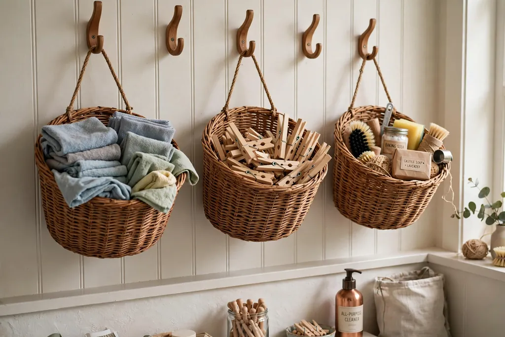 Woven baskets hanging on hooks on a laundry room wall, holding cleaning cloths, pegs, and small supplies.