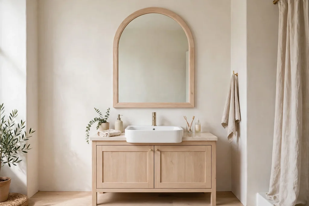 Arched mirror with a pale wood frame above a bathroom vanity.