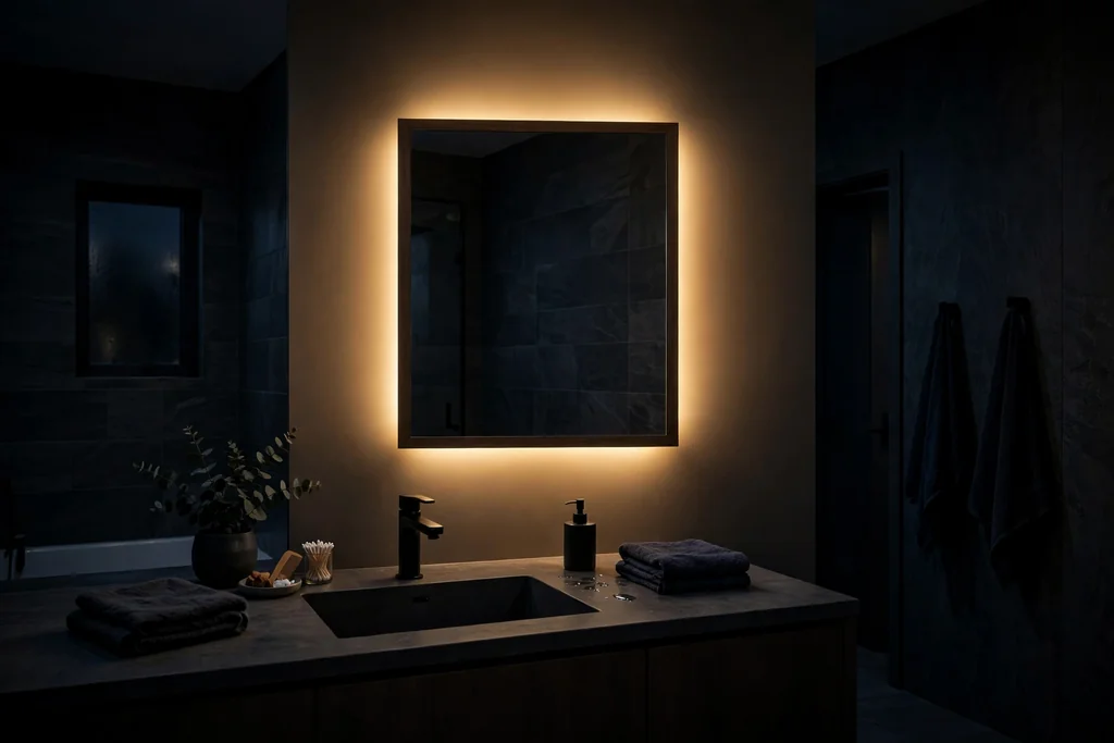 Bathroom mirror glowing with a warm halo light behind its frame at night.
