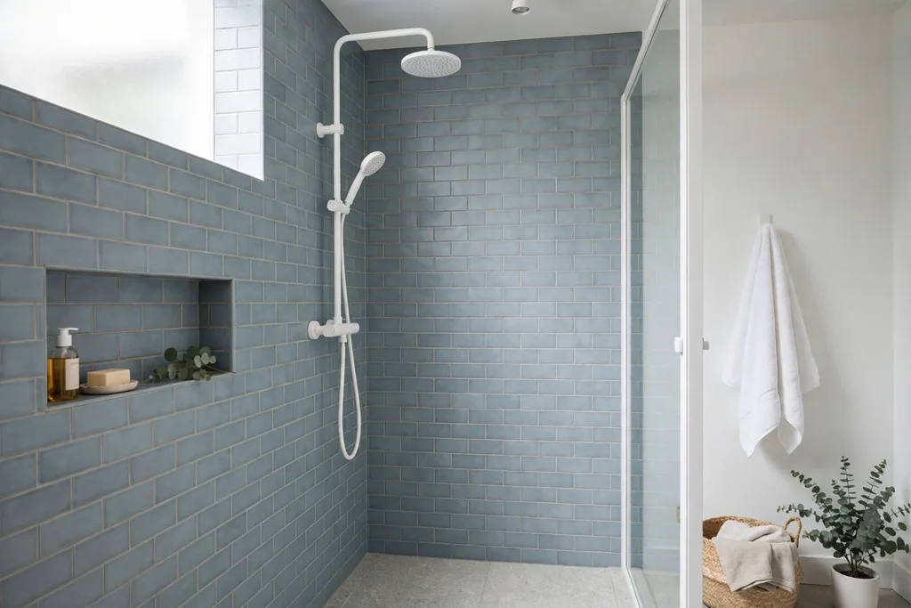 Shower with soft blue grey subway tile walls and white fixtures.