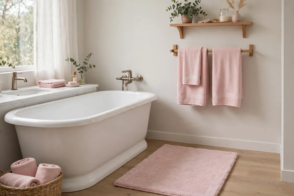Bathroom with blush pink towels and a matching rug beside a white tub.