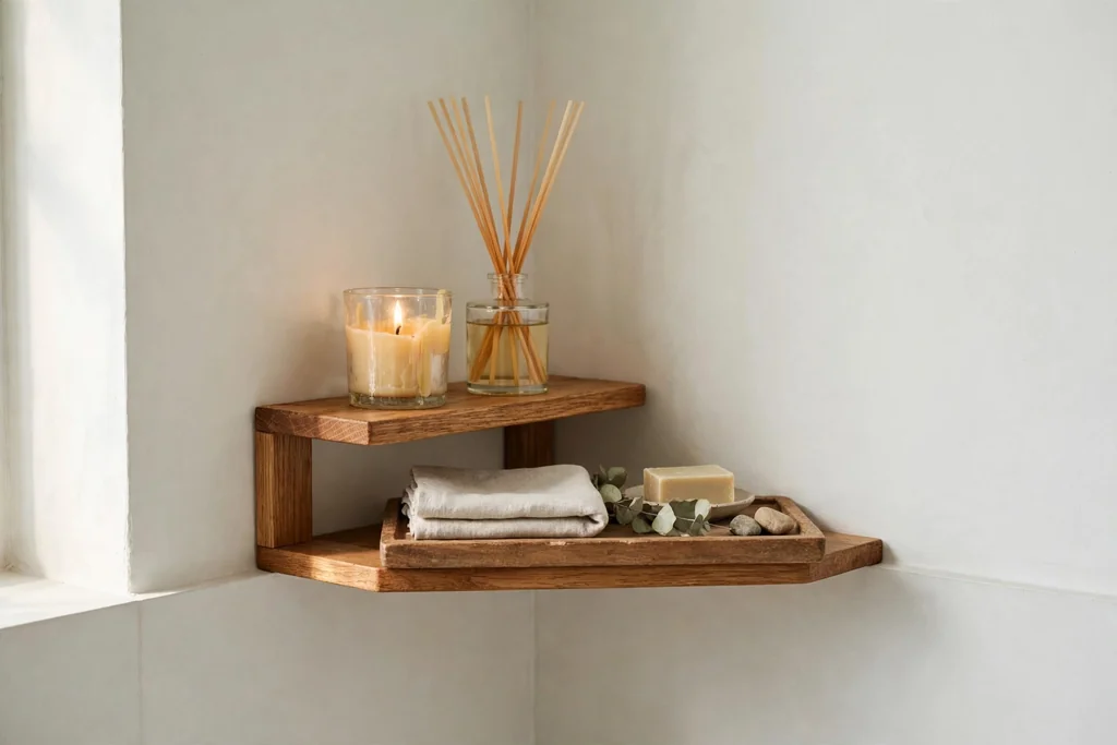 Dry bathroom shelf corner with a candle, a reed diffuser, and a tray.