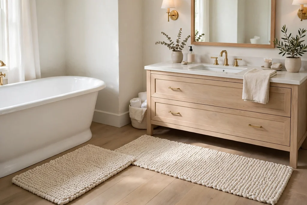 Thick cotton bath mat beside a tub and a matching runner at a vanity.