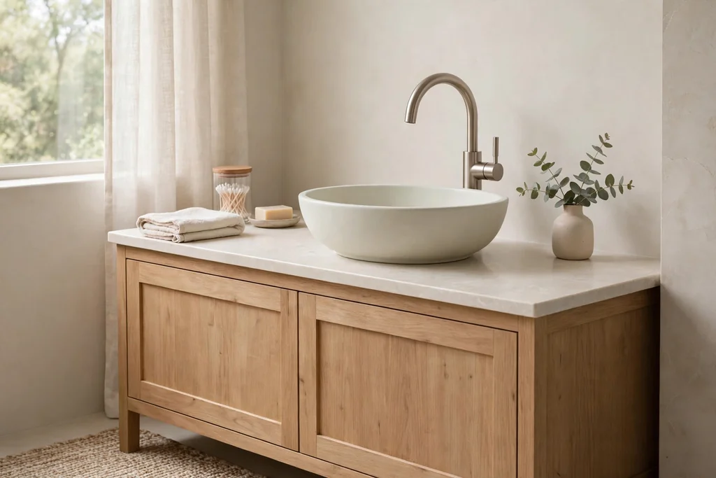 Bathroom vanity with a curved faucet in brushed nickel and a pale basin.