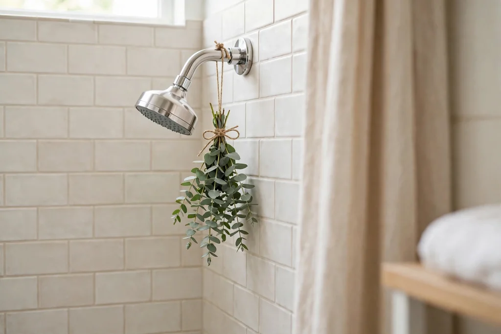 Small eucalyptus bundle tied to a showerhead beside pale tile.