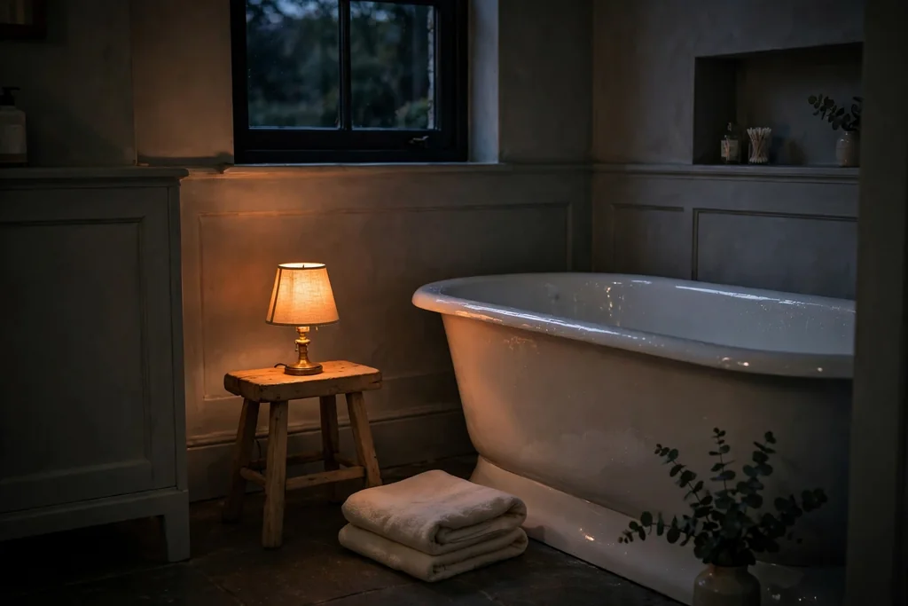 Low evening lamp on a bathroom stool with a folded towel beside a tub.