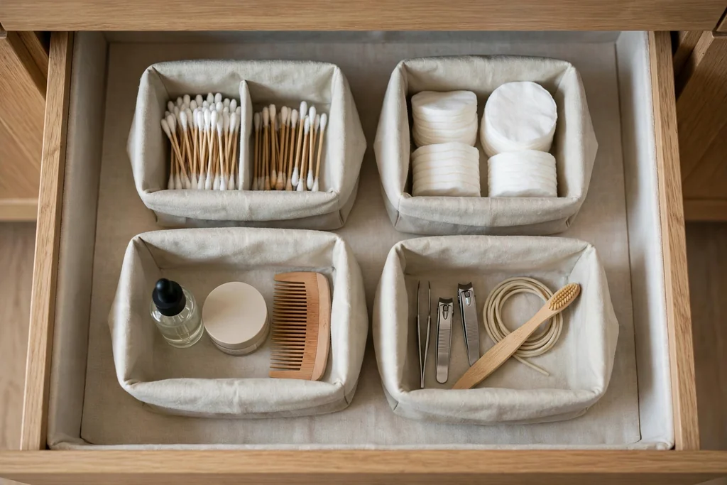 Vanity drawer lined with pale fabric boxes holding toiletries in order.