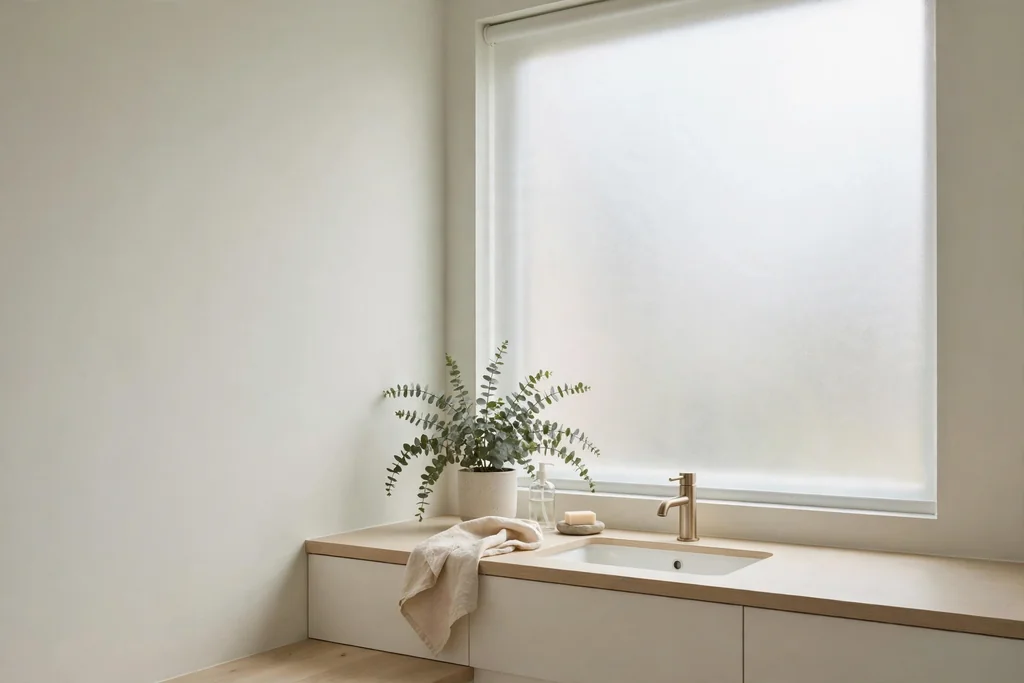 Bathroom window with frosted film giving soft diffused daylight.