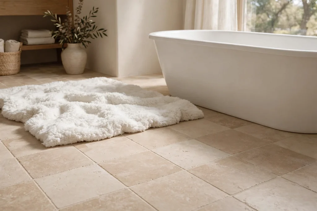Warm bathroom floor in pale tile with a thick rug beside the tub.