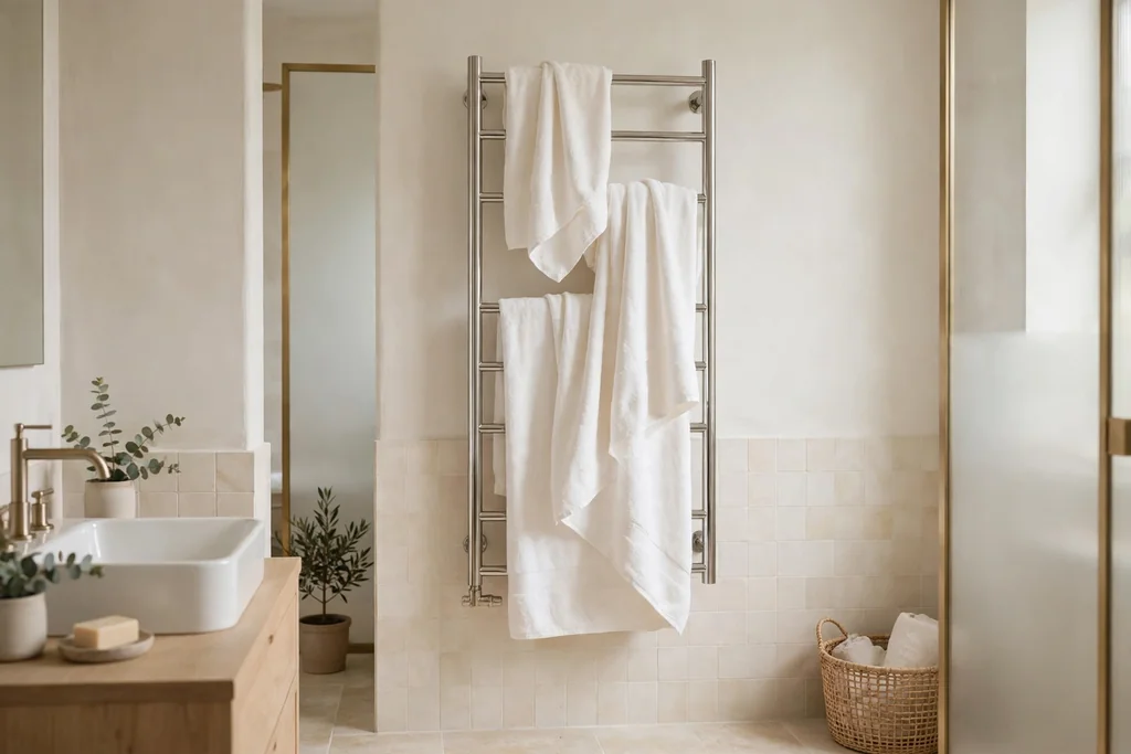 Heated towel rail holding warm white towels in a pale bathroom.