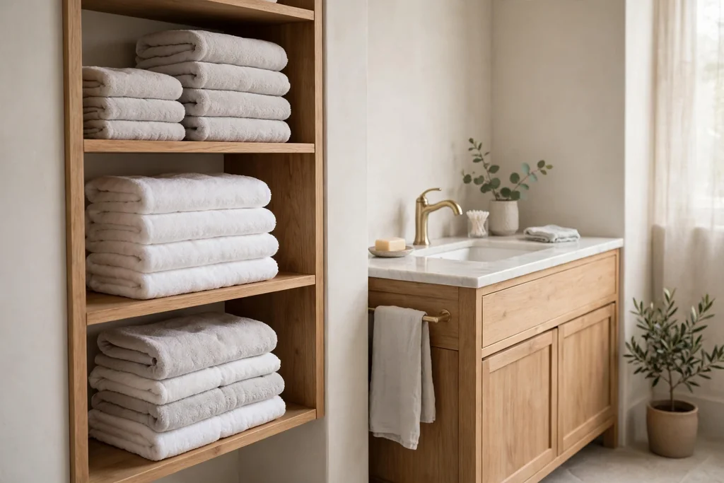 Open bathroom shelf with stacked plush white and pale grey towels.
