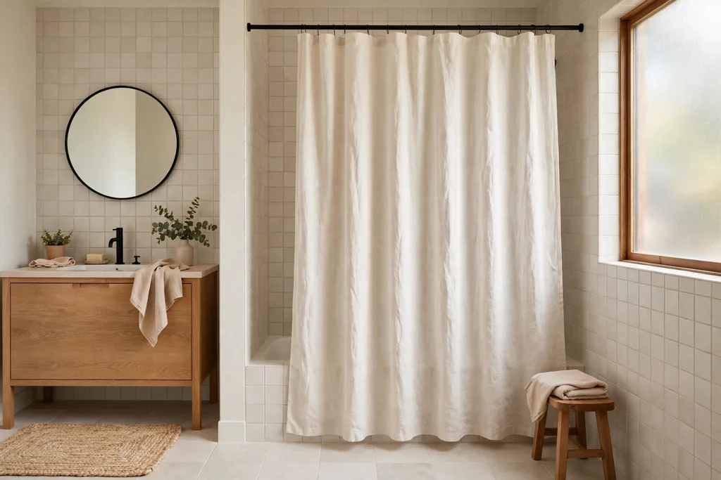 Bathroom with a linen look shower curtain in warm white with soft folds.