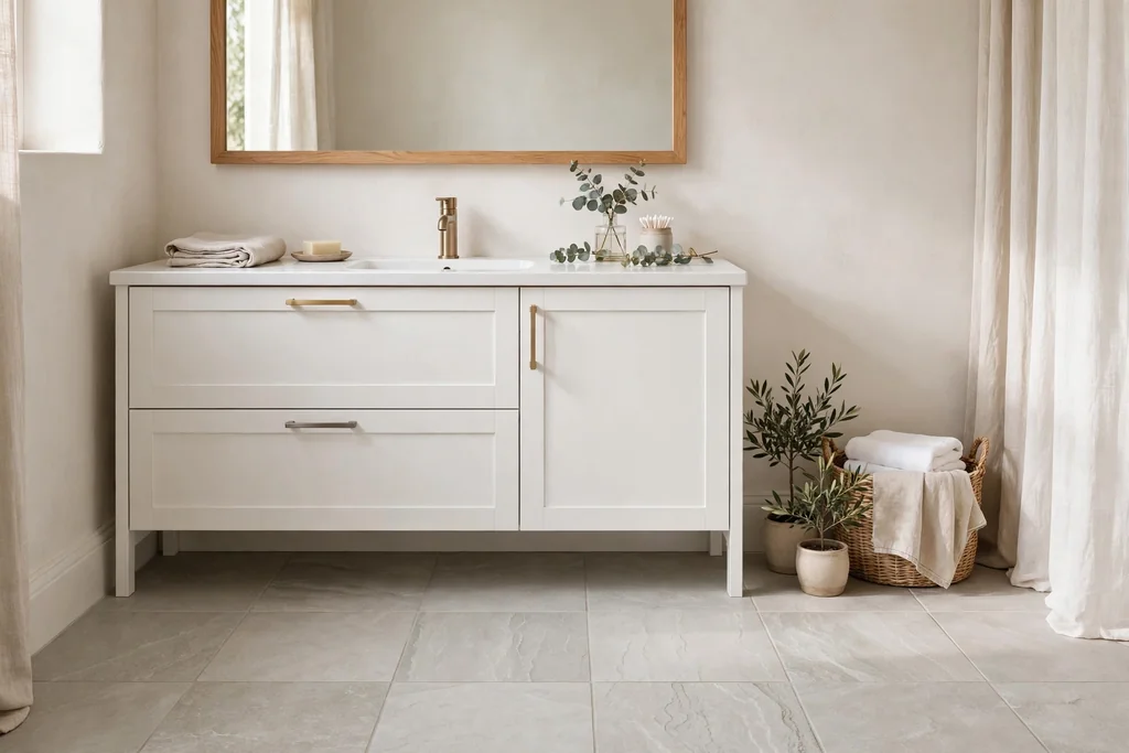 Bathroom floor in matte stone look tile in pale warm grey.