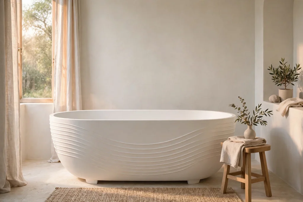 Oval freestanding white tub with curved lines in a pale bathroom.