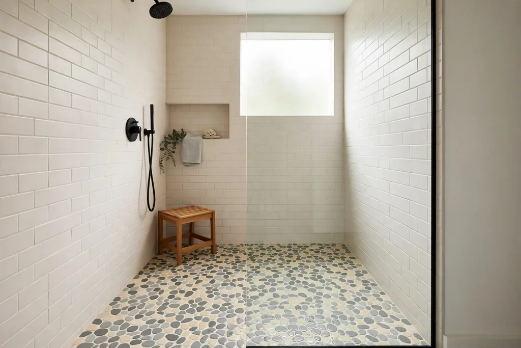 Shower floor in rounded pebble tile in soft grey and cream.
