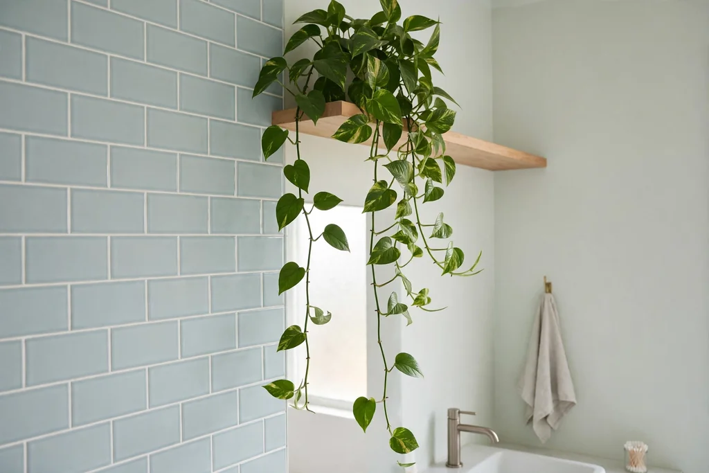 Trailing pothos plant on a high bathroom shelf beside a tiled wall.