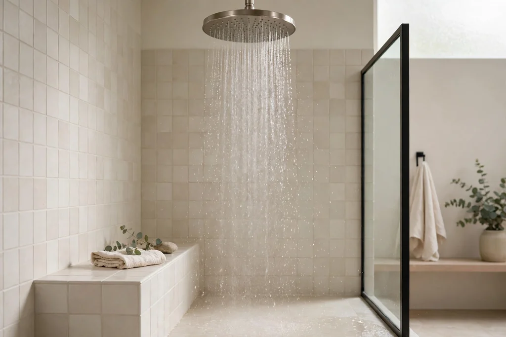 Rainfall showerhead with a gentle spray over a pale tiled shower.